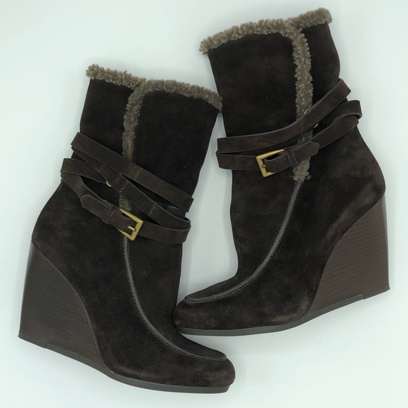 Joan & David Daflorita Suede Wedge Boots Dk Brown - Picture 1 of 8
